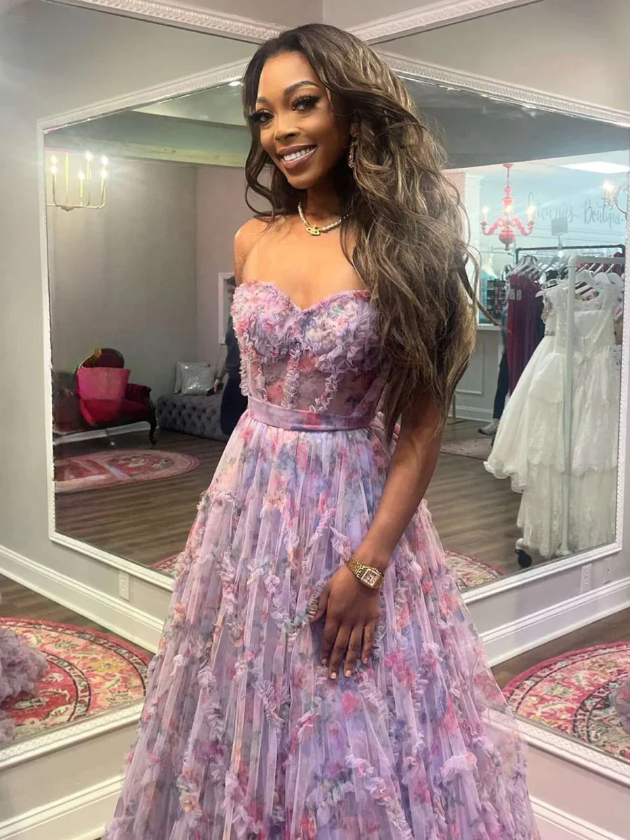 A-Line Sweetheart Purple Floral Print Ruffle Long Prom Dress