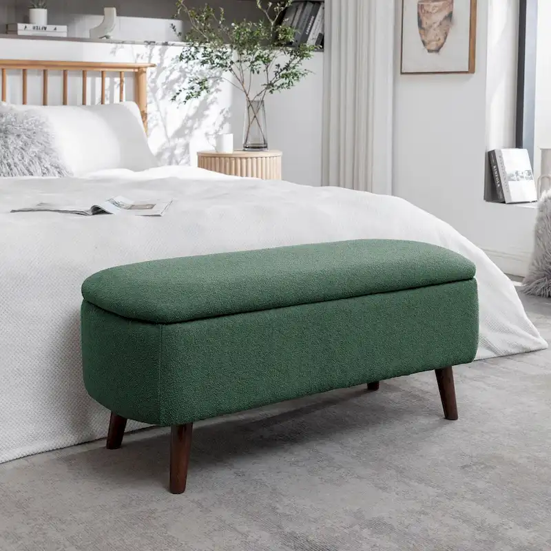 Boucle Fabric Storage Bench with Rubberwood Legs — Flip-Up Lid, 265 lbs Capacity