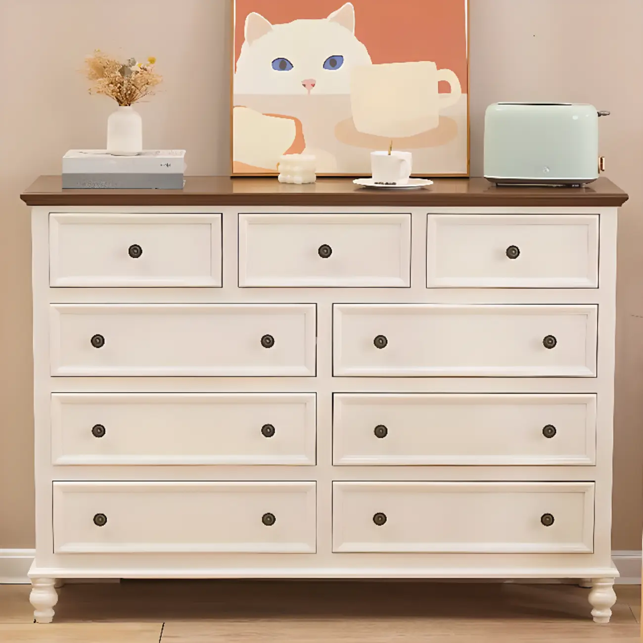 French Square White Wooden 7-Drawer Chest