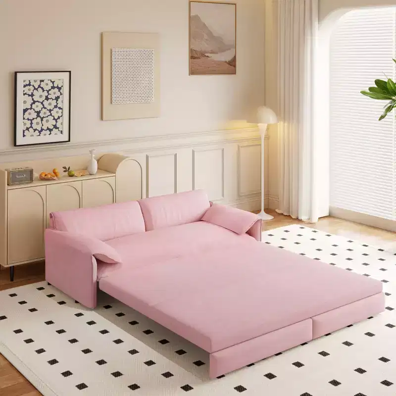 MAYEERTY 66 Queen Pull Out Sofa Bed, 3-in-1 Convertible Sleeper Sofa with Side Storage, Multifunctional Velvet Loveseat Bed for Living Room Bedroom
