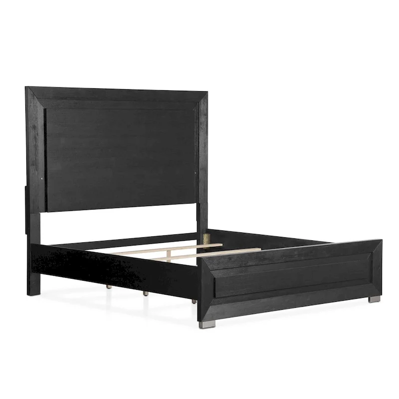 Modern Black Solid Wood Panel Bed with LED Light Headboard