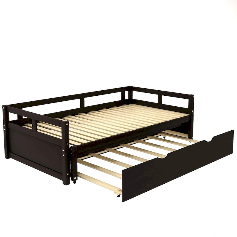 Black Extendable Twin Pine Daybed with Trundle - Sturdy Frame and Slat Kit Included