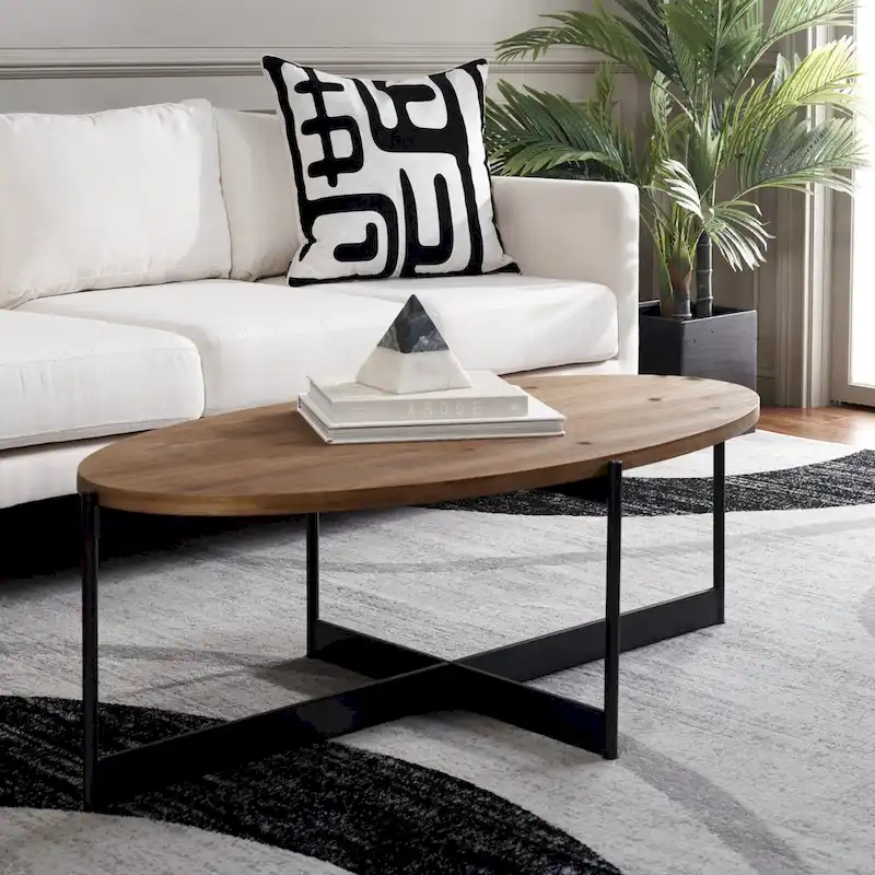 Natural Brown Oval Coffee Table, Fir Wood Top & Black Metal Base
