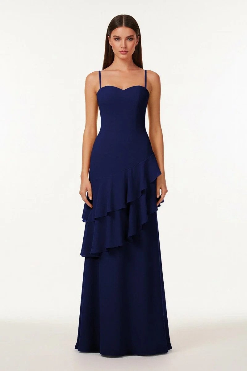 Red - Sheath Spaghetti Straps Chiffon Long Prom Dresses with Ruffles