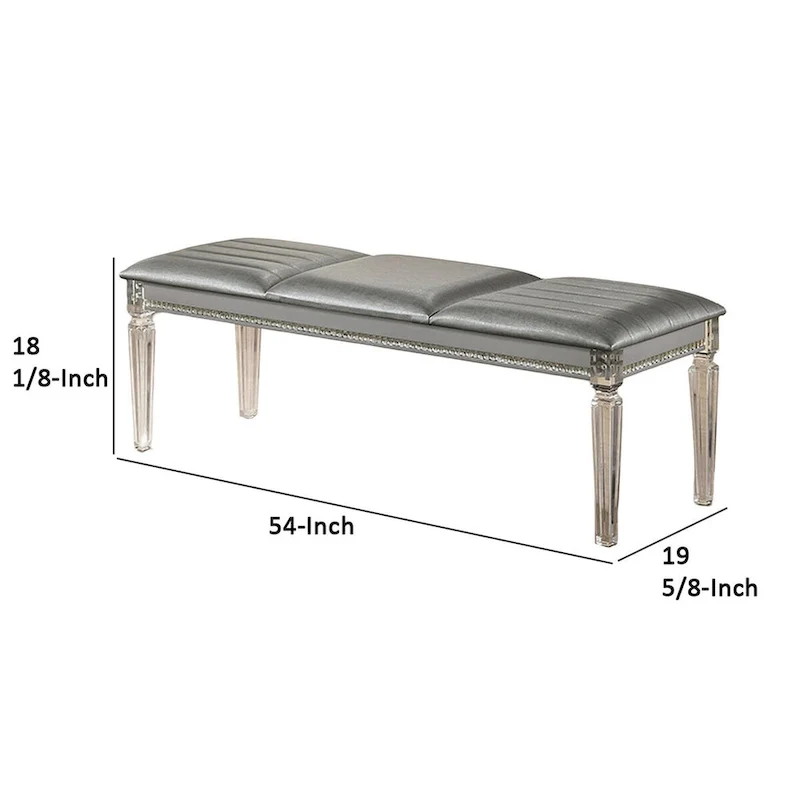 Sam 54 Inch Modern Upholstered Bench, Clear Acrylic Legs, Crystal Accents