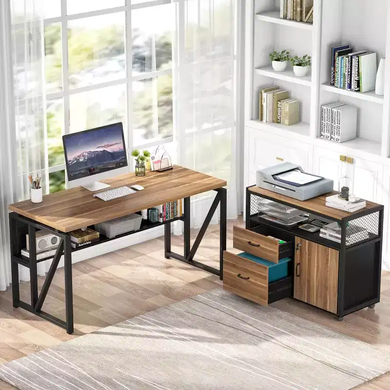 Lantine 55-inch L Shaped Desk with Drawer Cabinet, Executive Computer Desk for Home Office