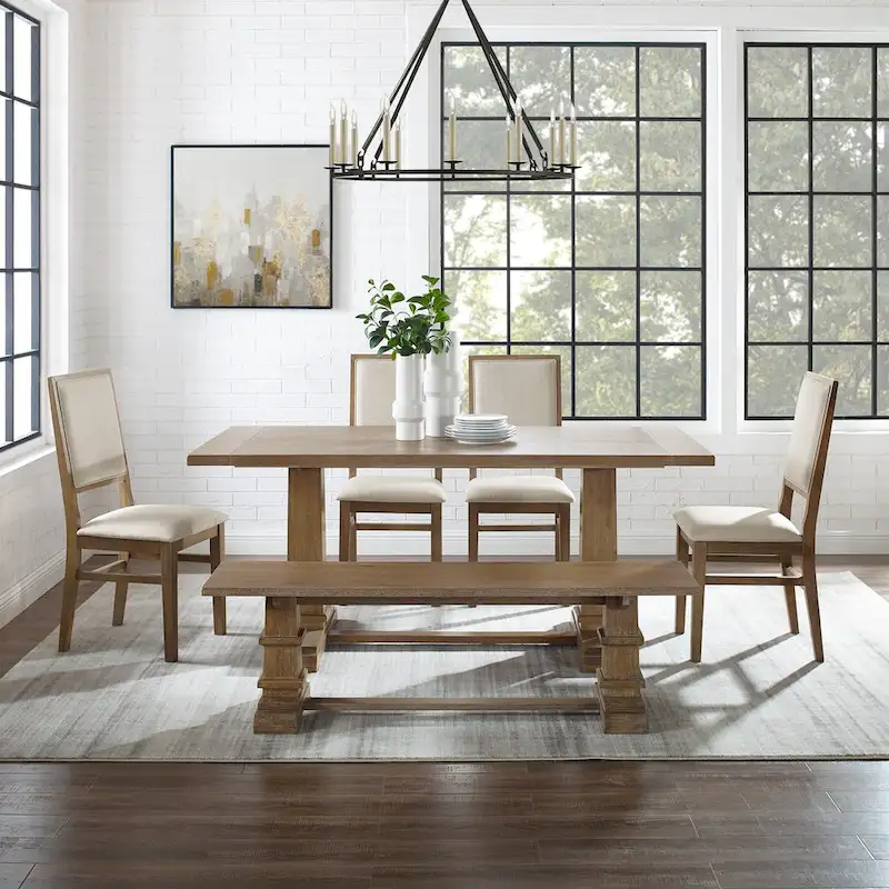 6-Piece Farmhouse Dining Set with Trestle Table, 4 Chairs and Bench, Rustic Brown
