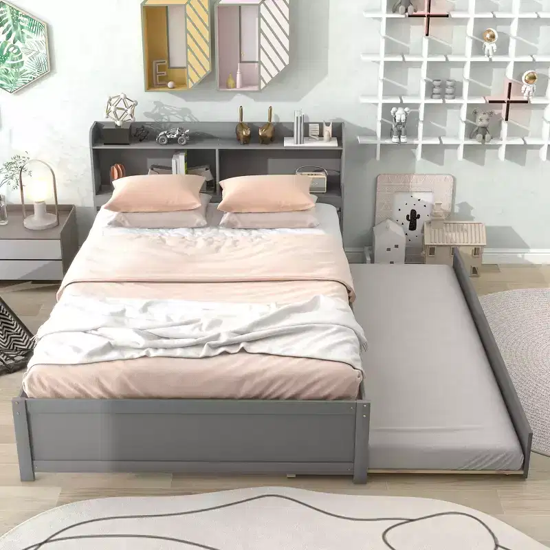 Gray Full Platform Bed with Trundle & Bookcase, 1-Person