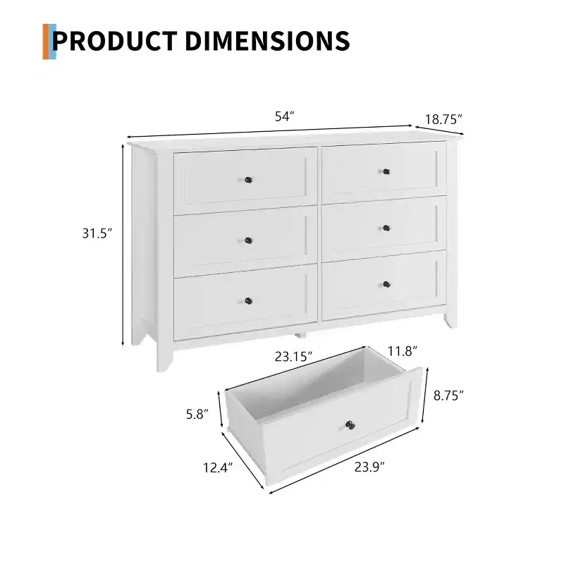 Acekool 6 Drawer White Dresser, Wooden Storage Chest of Drawers with Metal Handles for Bedroom, Living Room, Entryway