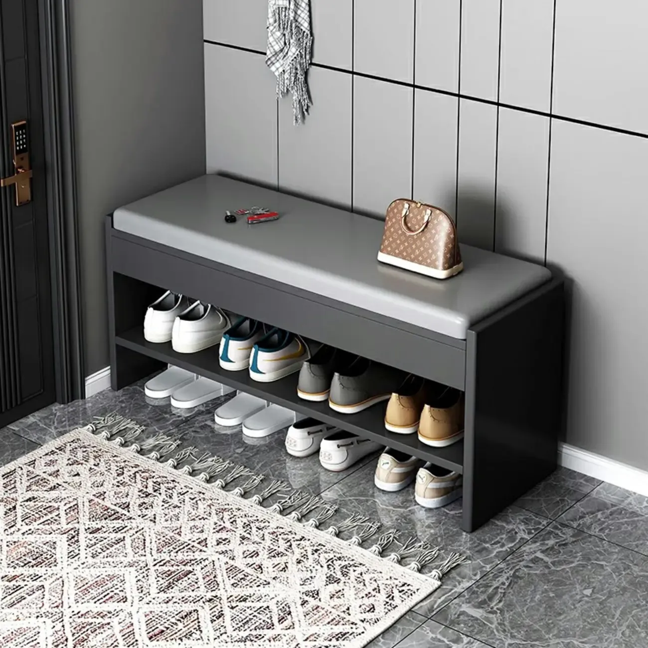 Minimalist Entryway Leather Shoe Storage Bench