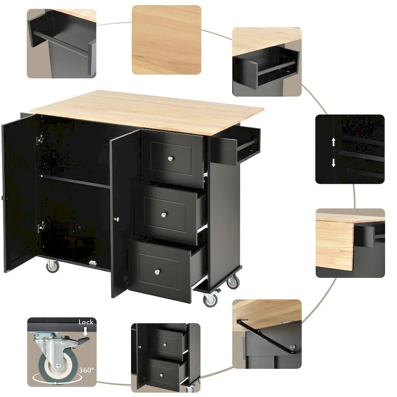 52.7 Rolling Mobile Kitchen Island with Solid Wood Top