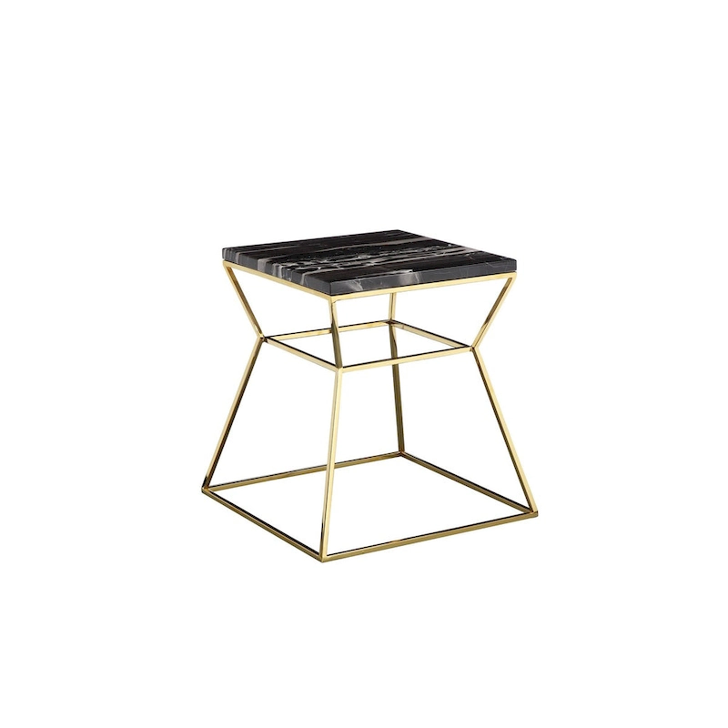 Lio 18 Inch Side End Table, Black Marble Top, Gold Open Hourglass Frame