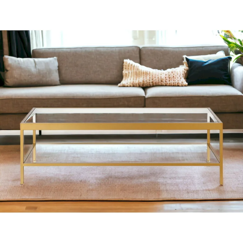 Clear and Gold Glass & Steel Coffee Table with Shelf, 54x17x24