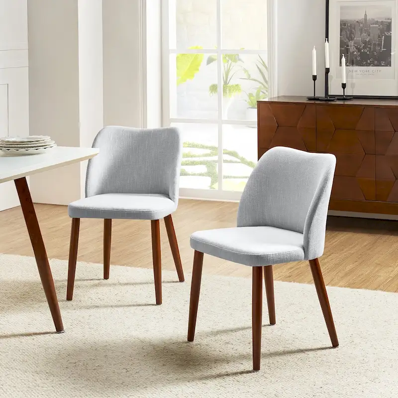 Upholstered Dining Chair, Curved Back, Walnut Legs – Set of 2 | Beige/Ivory/Mustard/Tan/Grey/Navy