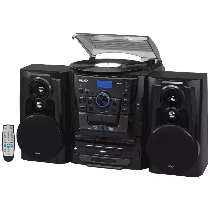 Jensen Bluetooth 3-Speed Stereo Turntable System with 3 CD Changer + AM/FM Dual Cassette and Remote