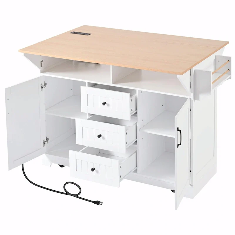 55.7 Kitchen Island with Drop Leaves, Rolling Cart with Power Outlet, Spice Rack, and 3 Drawers