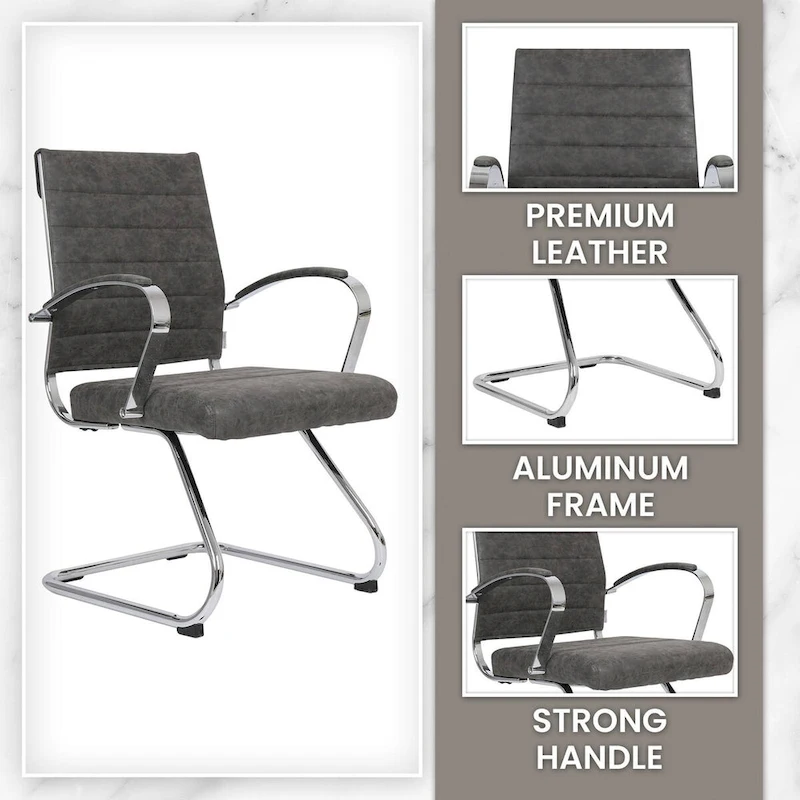 Leather Office Chair with Stainless Steel Sled Base Benmar Series by LeisureMod