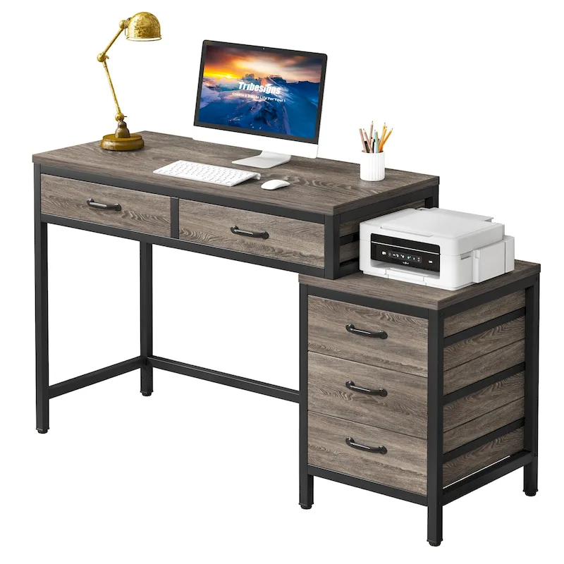 Reversible Computer Desk with 5 Drawers, Home Office Desk with File Cabinet Drawer Printer Stand