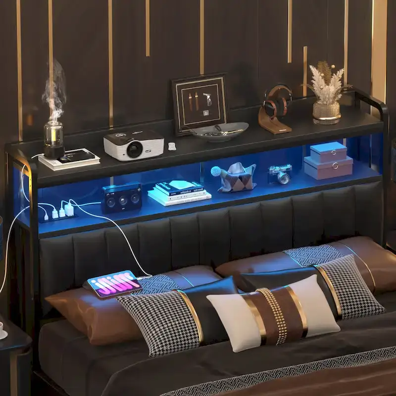 Upholstered Headboards with Charge Station and LED Light, Height Adjustable Head Board with Storage