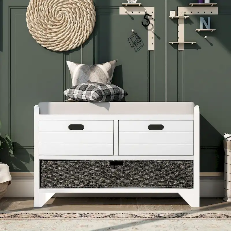 White / Natural / Navy / Espresso Storage Bench with 2 Drawers & Basket, Single-Seat, Removable Cushion