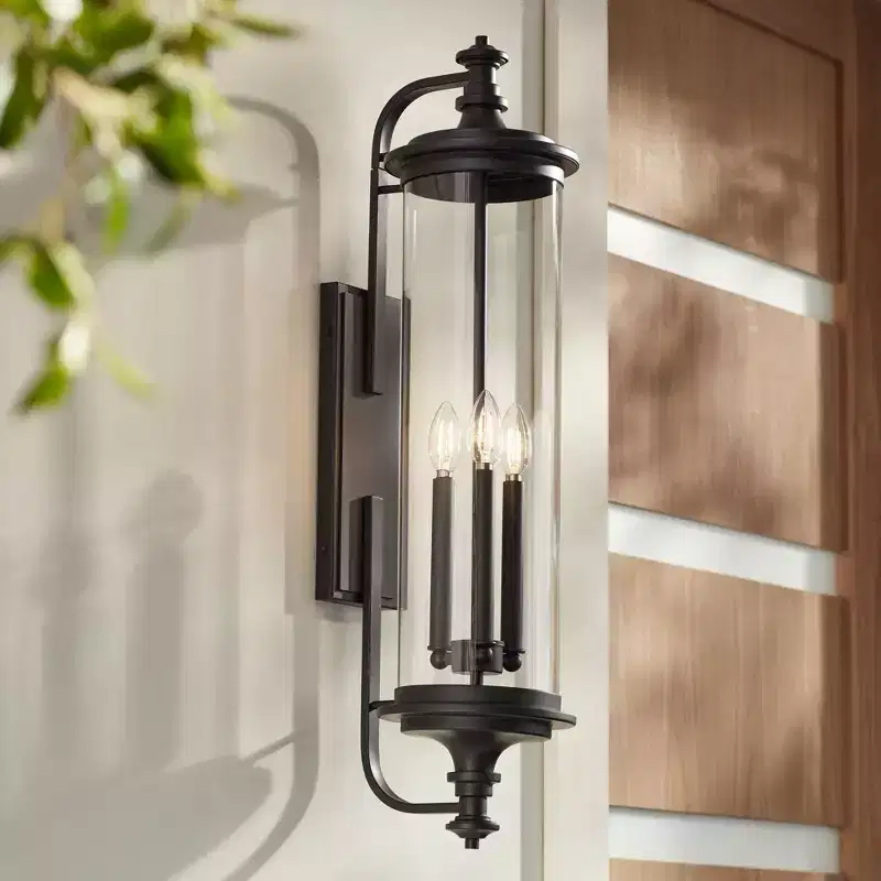 Possini Euro Design Medici 32 1/4 High Modern Outdoor Wall Light Fixture Mount Porch House Exterior Outside Edison Bulb Black Clear Glass Shade