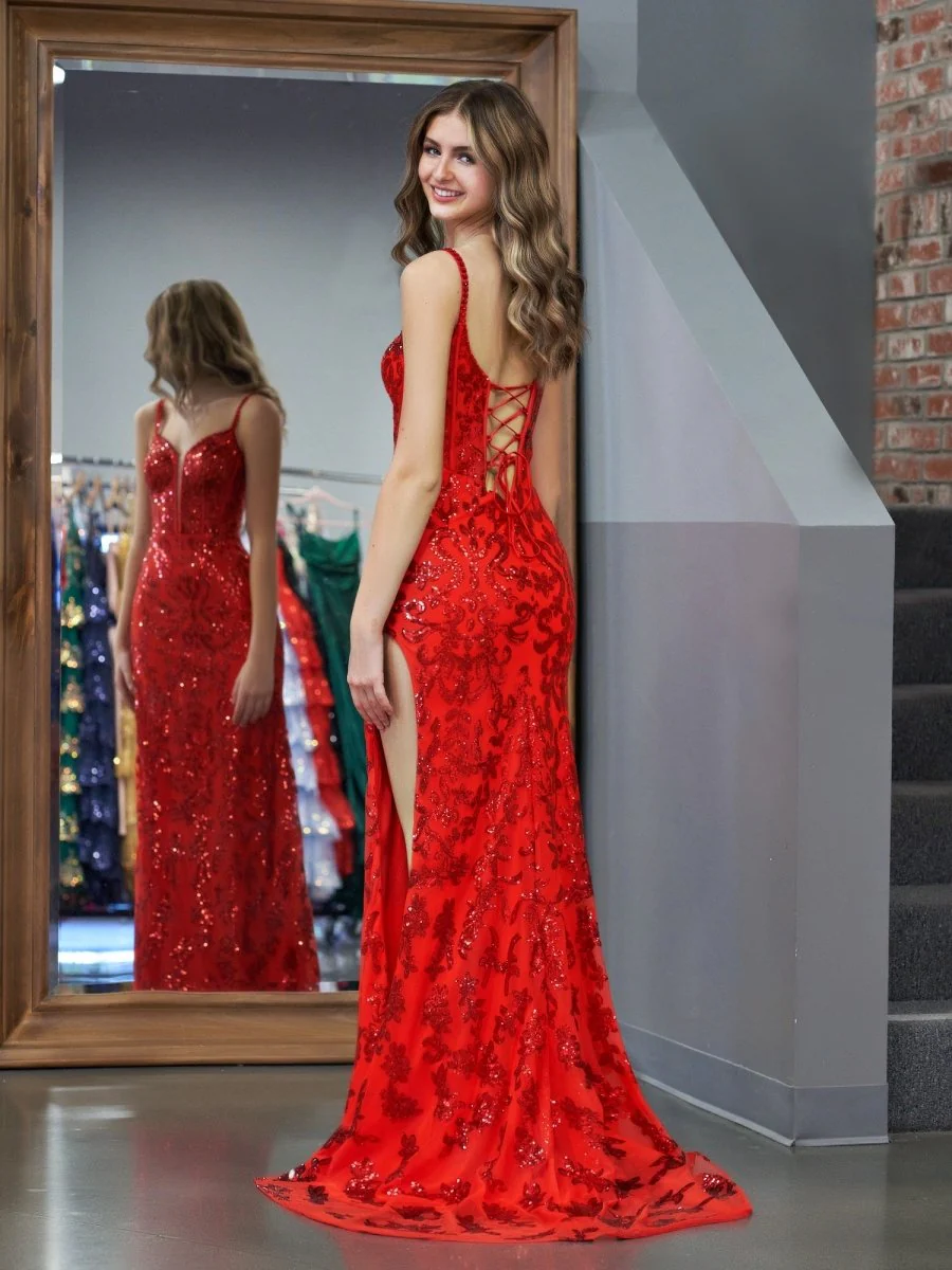 Sparkly Blue Mermaid Sequins Long Prom Dress with Slit