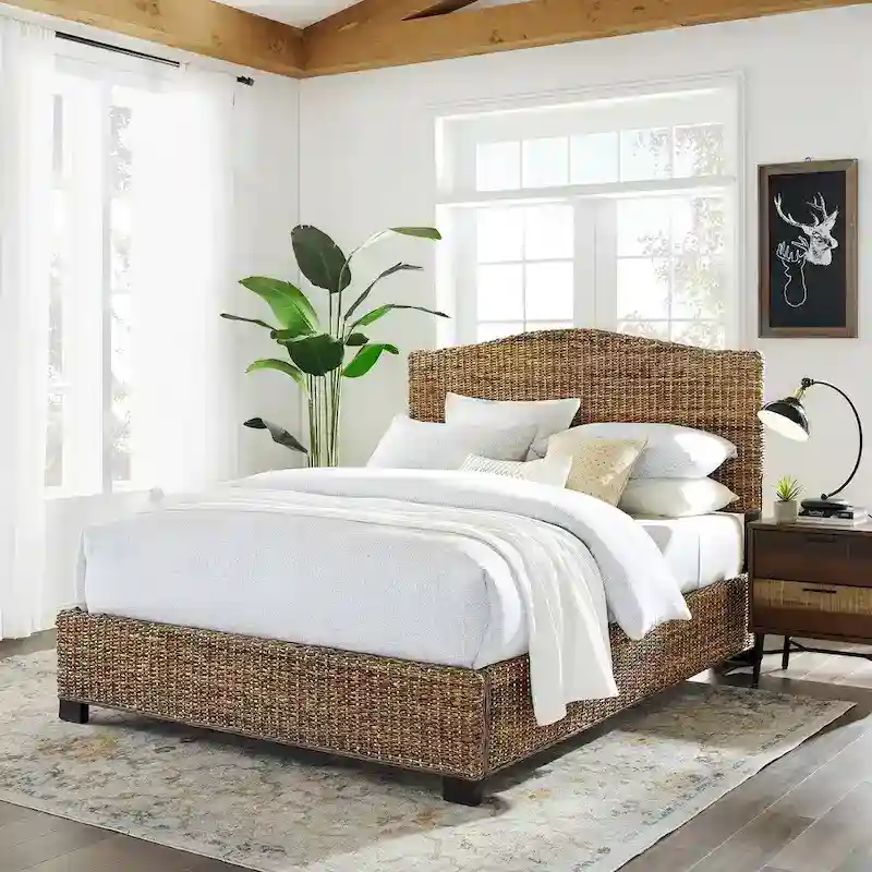Queen Rattan Bed - Natural Banana Leaf with Arched Headboard