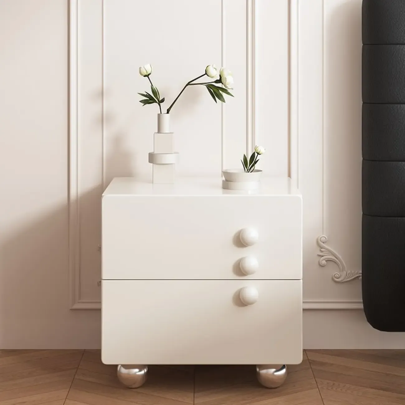Contemporary Glossy Cream Wooden 2-Drawer Nightstand