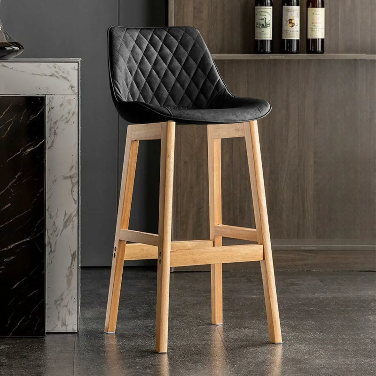 Modern Wood Tufted Upholstered Leather Bar Stool