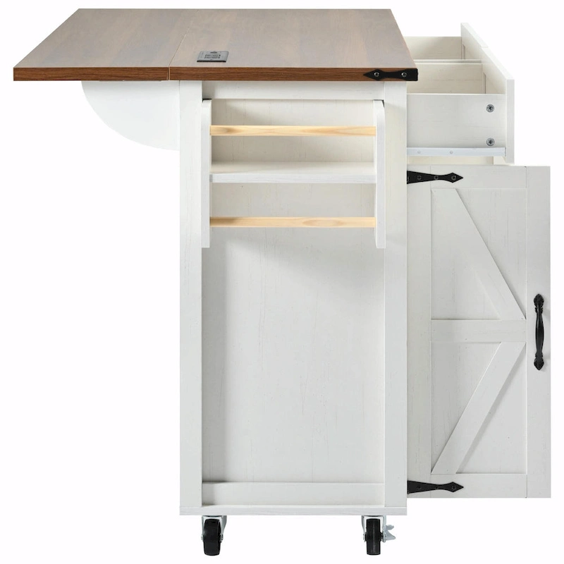 53.5 Farmhouse Kitchen Island - Power Outlet, Drop Leaf, Spice Rack, Drawer, Rolling Cart on Wheels