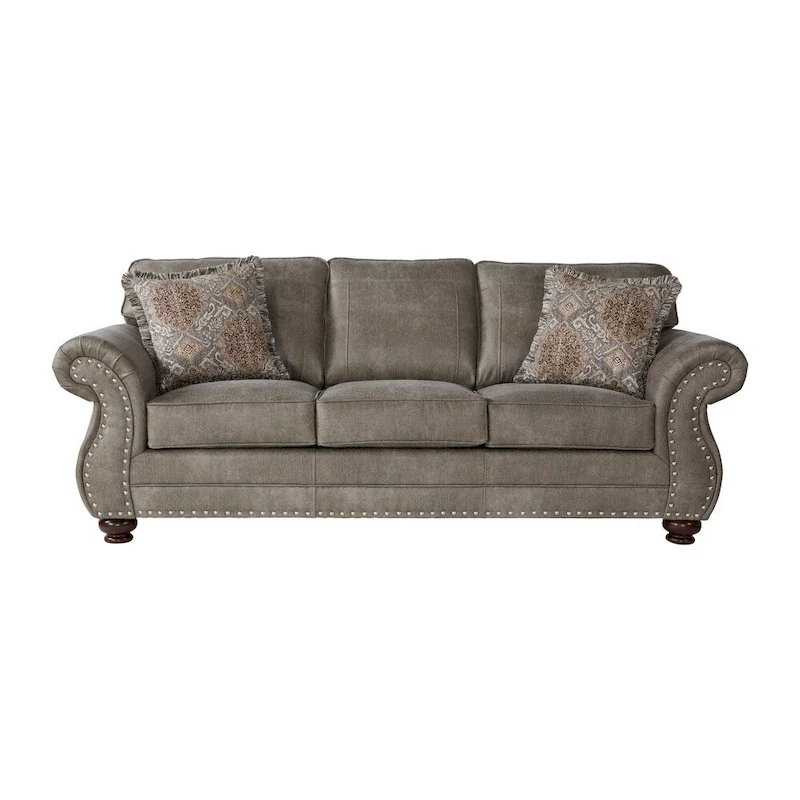Roundhill Furniture Leinster Faux Leather Upholstered Nailhead Sofa and Loveseat Set in Stone Gray