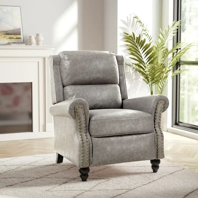 3-Color Classic PU Leather Pushback Recliner with Nailhead Armrests & Wood Legs for 1