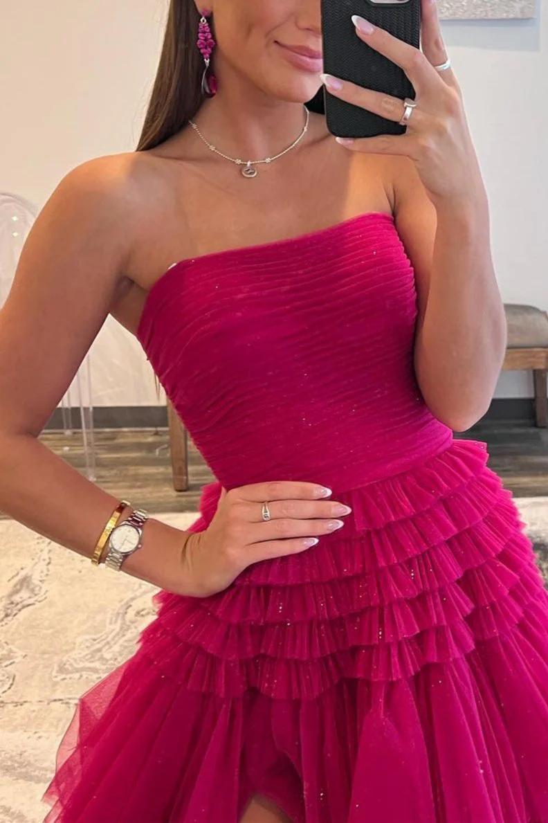 A-Line Strapless Tulle Long Prom Dress with Tiered Ruffles