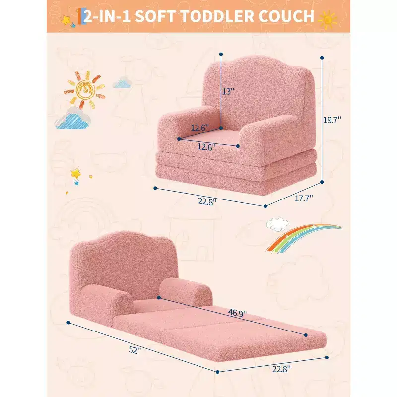 GustoWave 2-in-1 Soft Toddler Couch Fold Out, Toddler Chair Comfy, Convertible Sofa to Lounger, Kids Furniture for Playroom