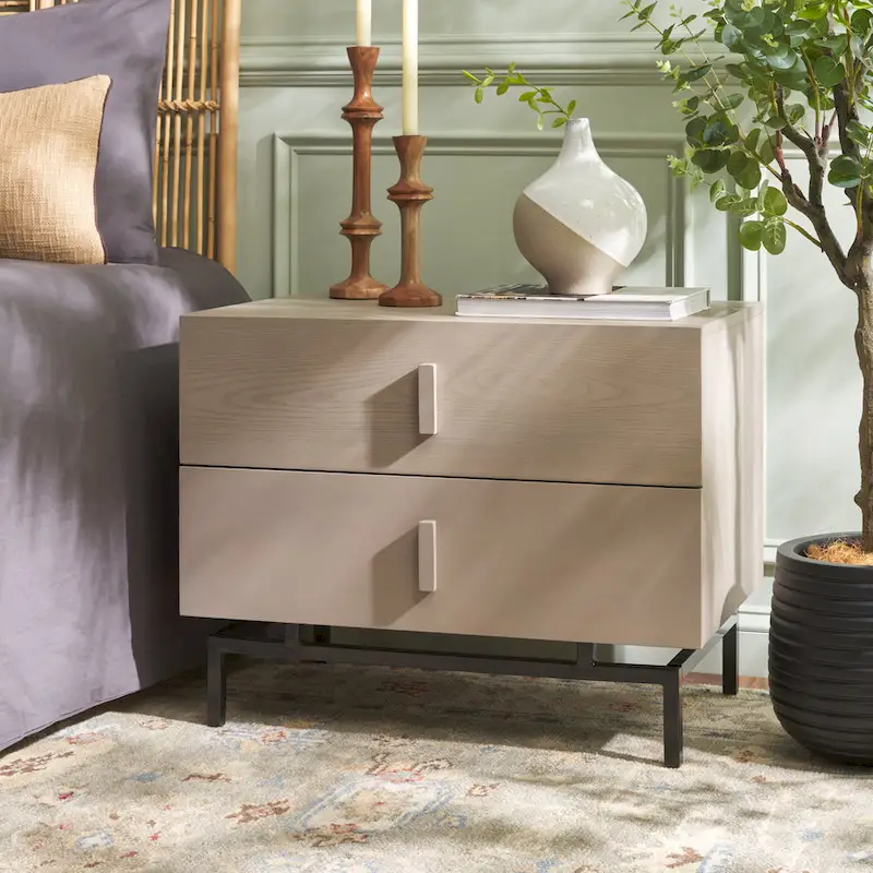 Grey / Black 2-Drawer Grey Washed Wood Storage Cabinet with Black Iron Frame