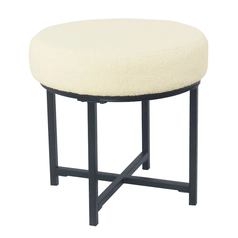 Round Upholstered top Ottoman on metal frame - Cream Faux Sheepskin