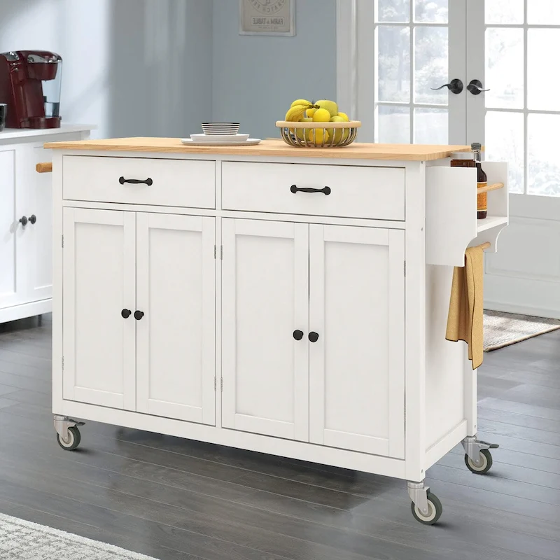 Classic Wooden Kitchen Island Cart with 2 Drawers, 2 Cabinets, a Towel Rack and a Spice Rack