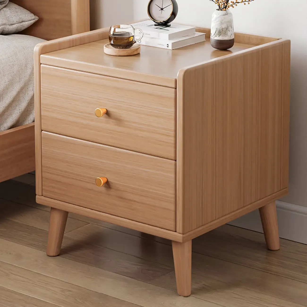 Natural Wood Scandinavian 2-Drawers Narrow Nightstand
