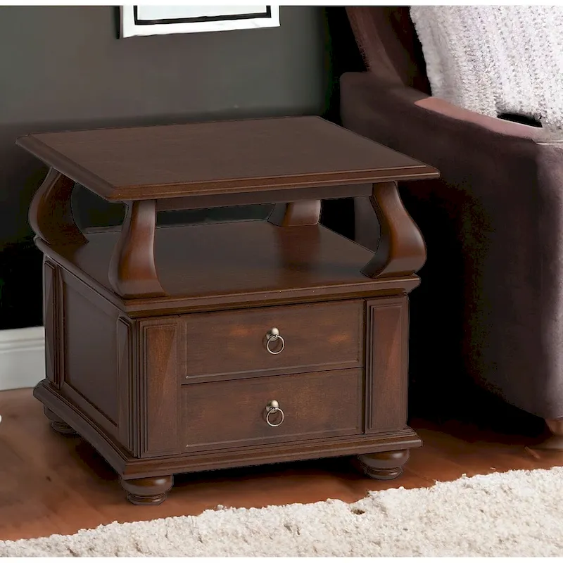 HomeRoots 26 Brown Solid Wood Square End Table With Two Drawers And Shelf - 26' X '26' X '28