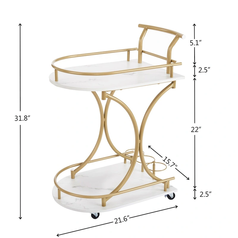 2-Tier Bar Cart on Wheels, Modern Mobile Bar Trolley Serving Cart with Wine Rack, White+Gold