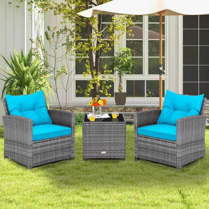 Costway 3PCS Patio Rattan Furniture Bistro Set Cushioned Sofas Side Table Armrest Red/Grey/Navy/Turquoise/Black