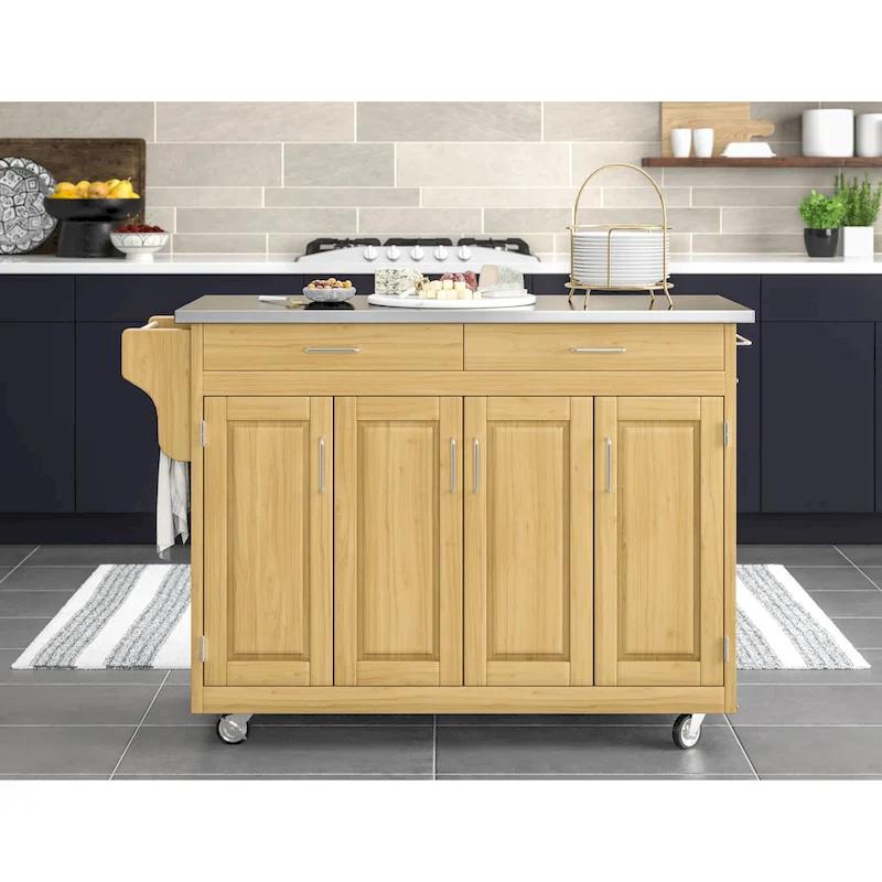 Natural Wood Mobile Kitchen Cart with Stainless Steel Top
