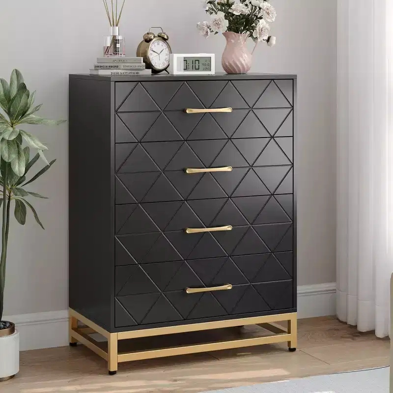 Black / White, 4-Drawer Modern Dresser with Metal Handles, for 1 Person