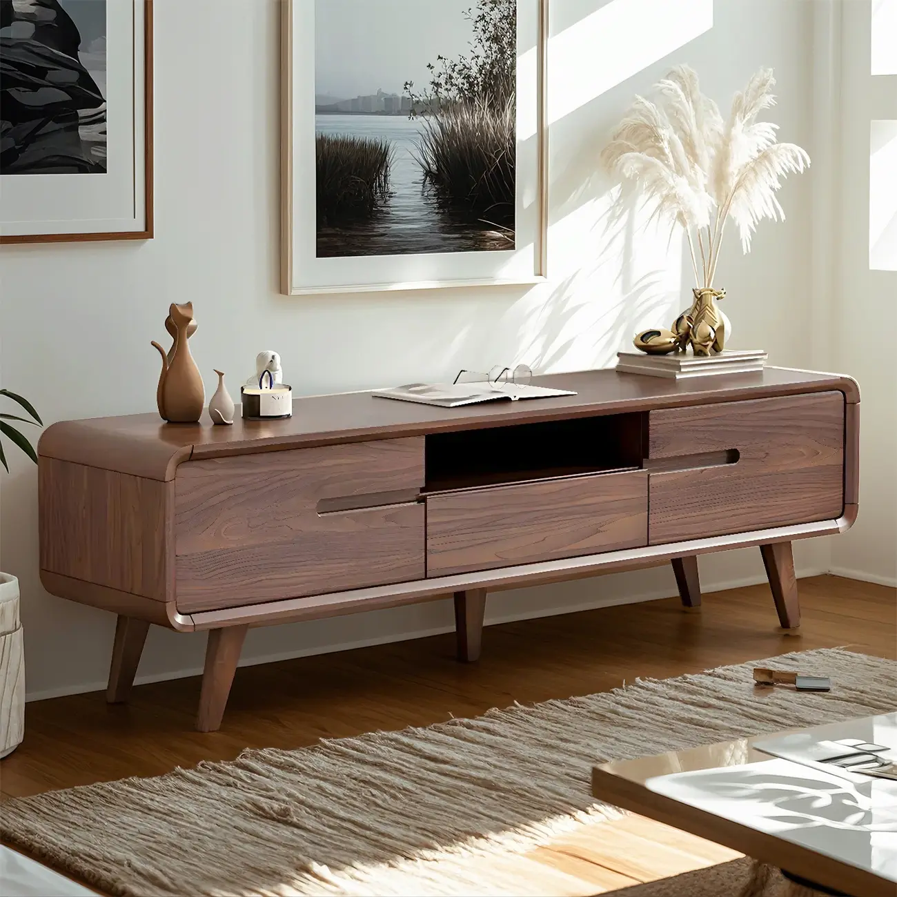 55 Brown Wood Adjustable Shelf TV Stand with Open Storage