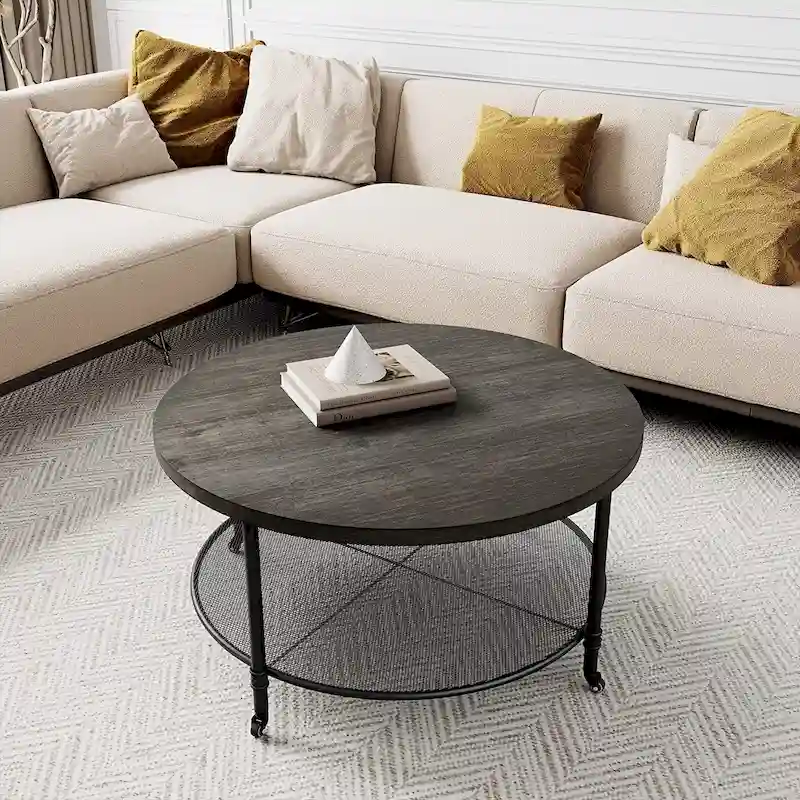 Round Industrial Coffee Table with Casters
