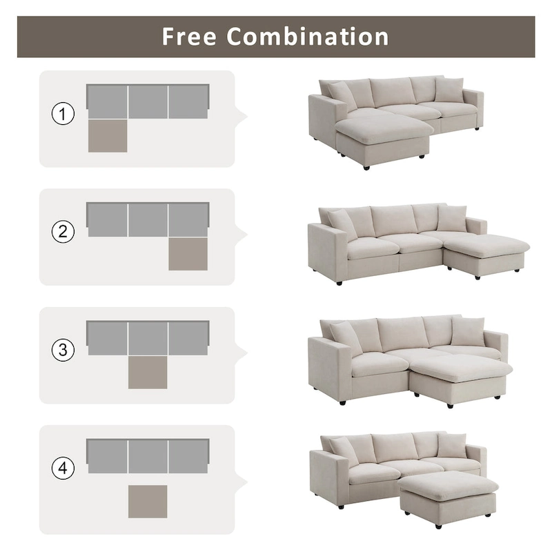 L-shaped Polyester Fabric Couch Set with 2 Free Pillows and Convertible Ottoman