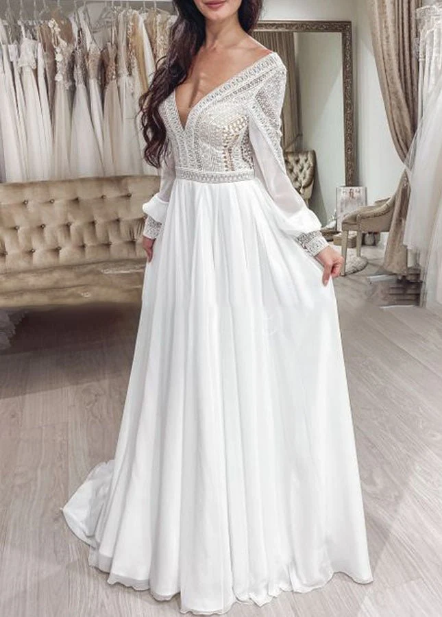 Bohemian Chiffon Backless A-Line Lace Long Sleeves Backless Wedding Dresses