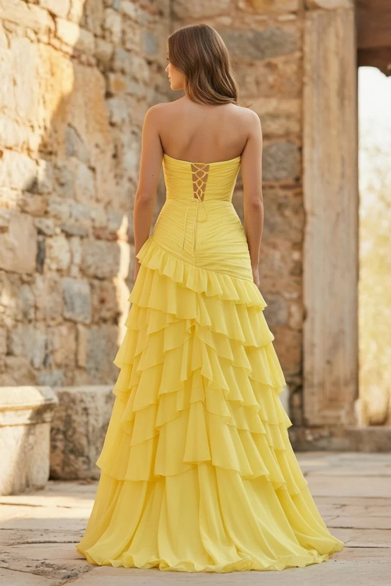 Ruched Ruffle Fitted Yellow Long Prom Dress with Slit