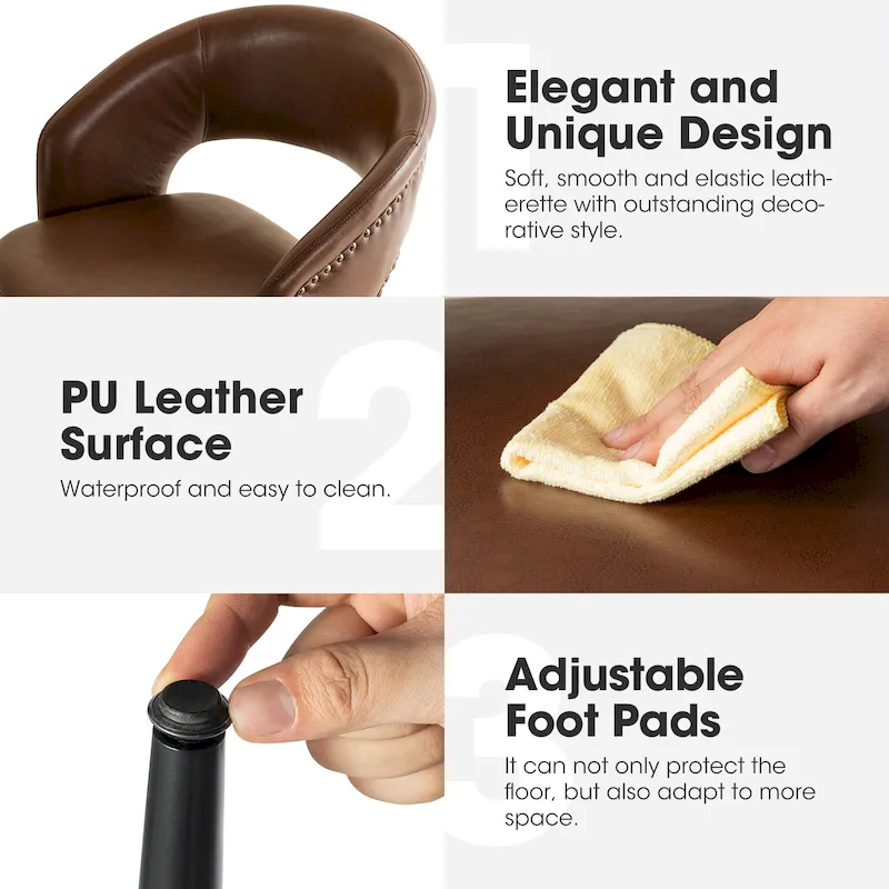 Glitzhome Set of 2 Mid-Century Modern 40.5H Faux Leather Bar Stools with Nailhead Trim