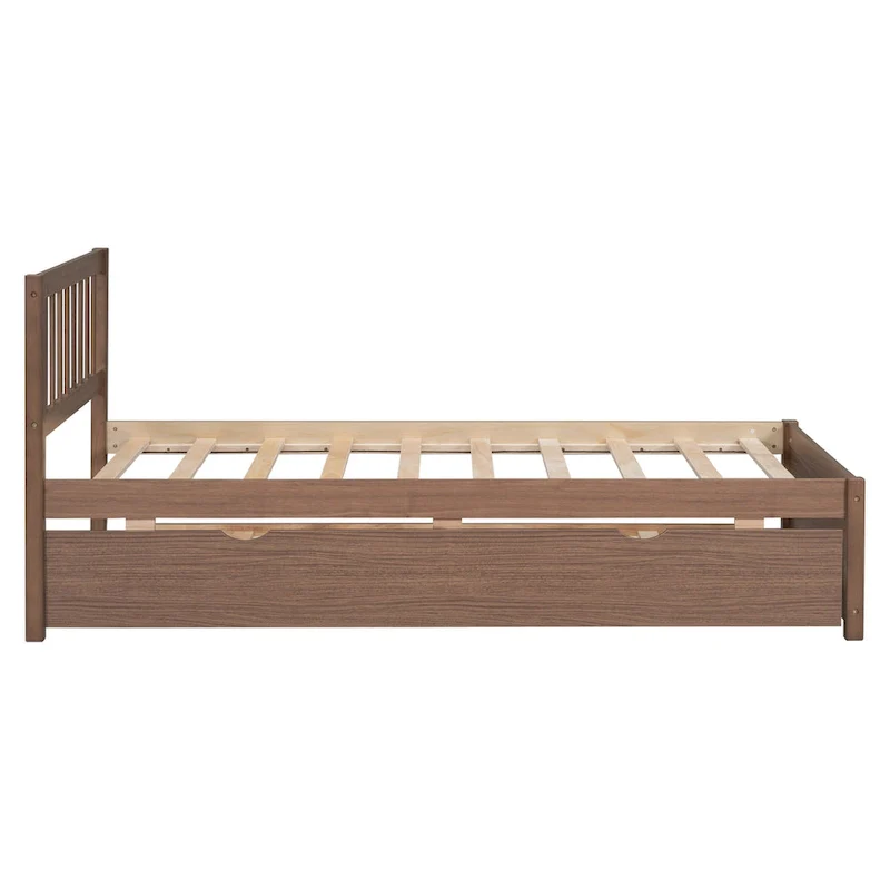 Brown Walnut Twin Bed with Trundle and Fence Headboard